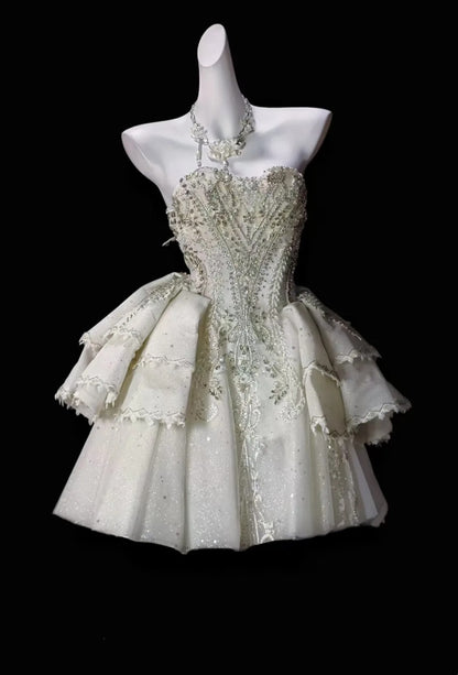 Luxury Ivory Strapless Heavy Beaded Glitter Tulle A Line Short Homecoming Dress Birthday Party Dress AS3491