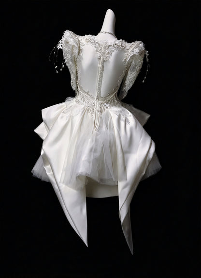 Elegant Ivory Square Neck Puff Long Sheer Sleeve Beaded A Line Short Homecoming Dress Birthday Party Dress AS3492