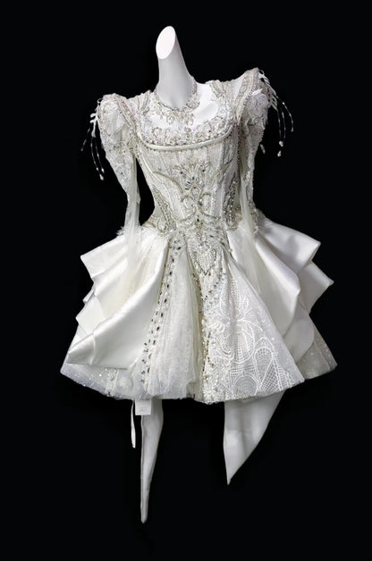 Elegant Ivory Square Neck Puff Long Sheer Sleeve Beaded A Line Short Homecoming Dress Birthday Party Dress AS3492