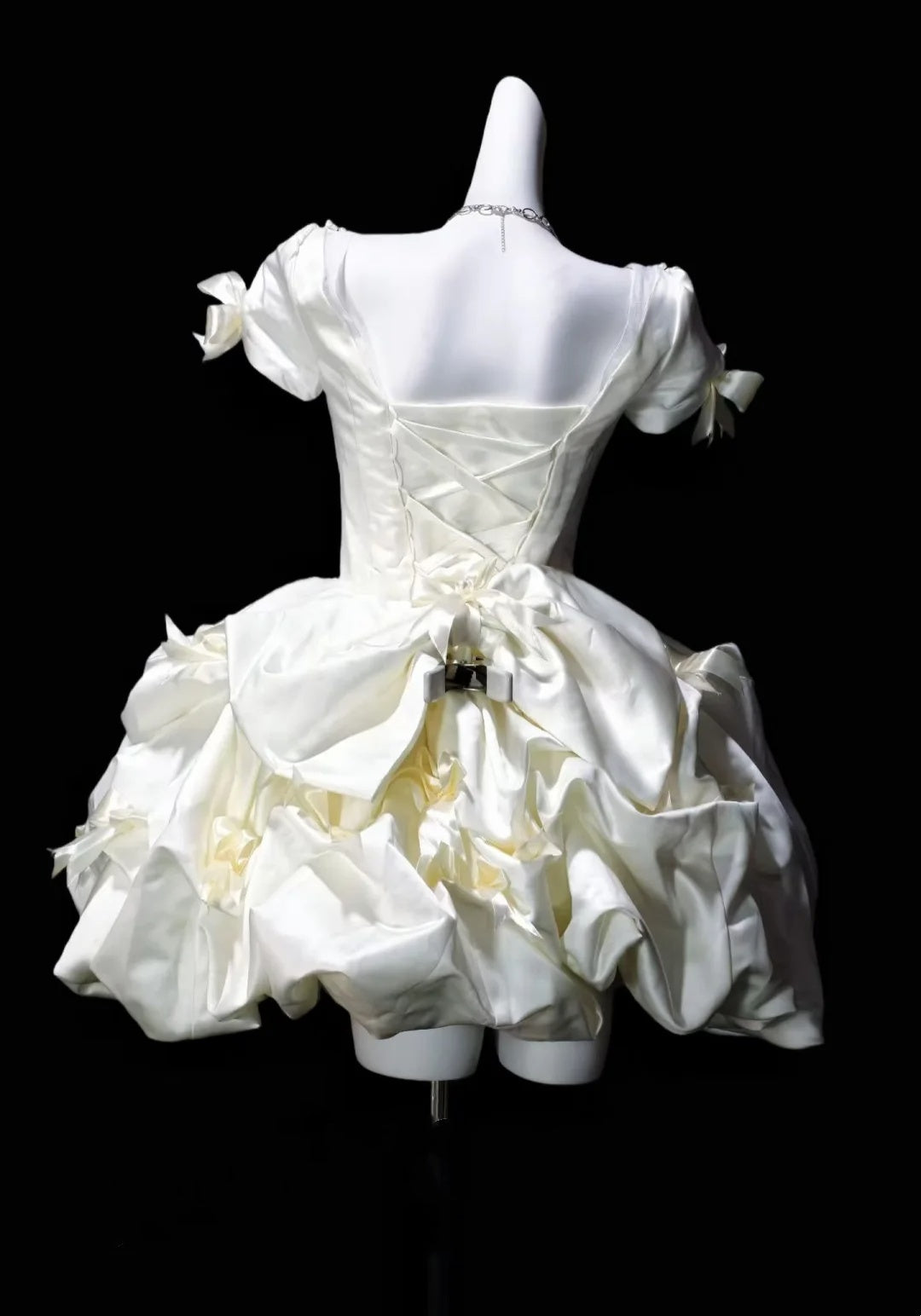 Romantic Ivory Off Shoulder Puff Short Sleeve Satin Bow Beaded A Line Short Homecoming Dress Birthday Dress AS3496