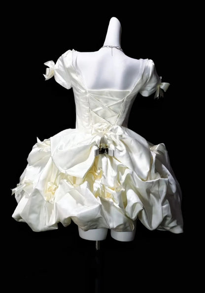 Romantic Ivory Off Shoulder Puff Short Sleeve Satin Bow Beaded A Line Short Homecoming Dress Birthday Dress AS3496