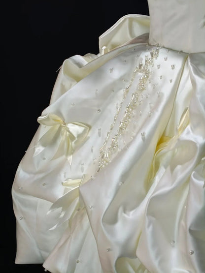 Romantic Ivory Off Shoulder Puff Short Sleeve Satin Bow Beaded A Line Short Homecoming Dress Birthday Dress AS3496