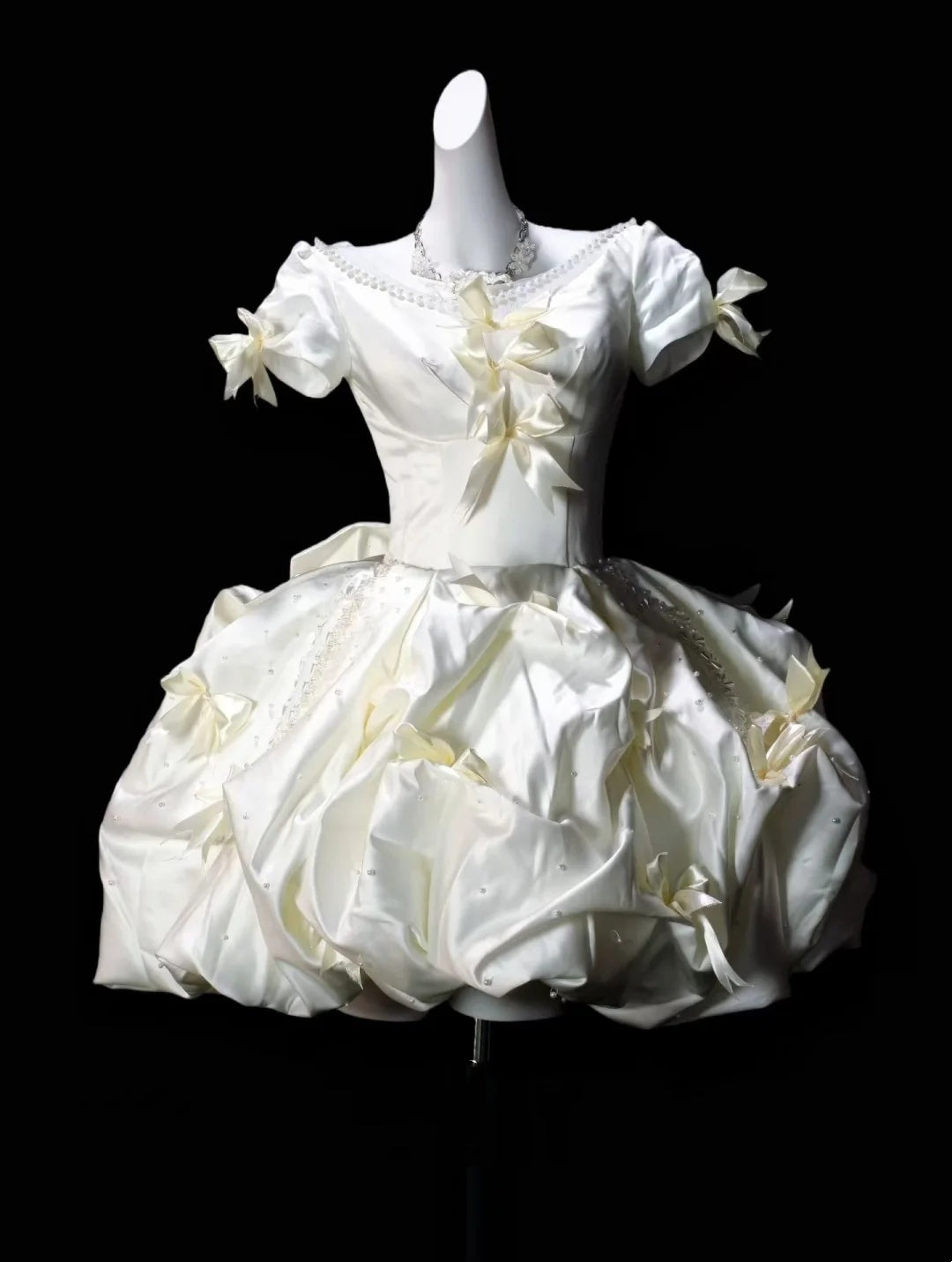 Romantic Ivory Off Shoulder Puff Short Sleeve Satin Bow Beaded A Line Short Homecoming Dress Birthday Dress AS3496