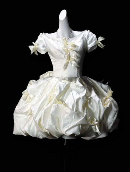 Romantic Ivory Off Shoulder Puff Short Sleeve Satin Bow Beaded A Line Short Homecoming Dress Birthday Dress AS3496