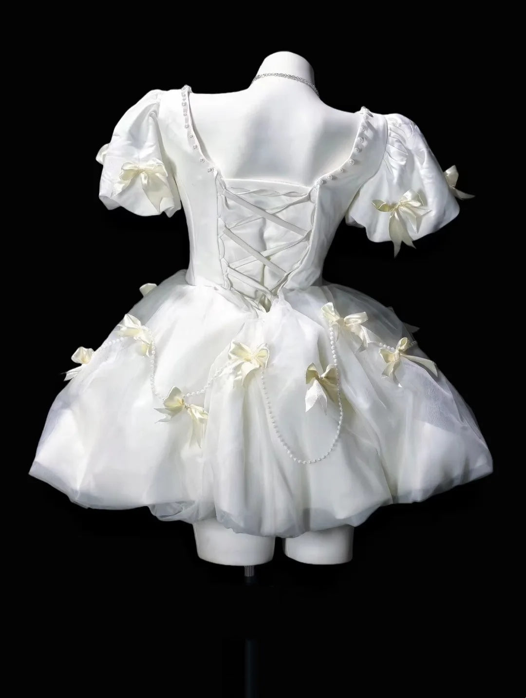 Sweet Ivory Puff Short Sleeve V-Neck Pearl Trim Bow A Line Short Homecoming Dress Birthday Dress AS3497