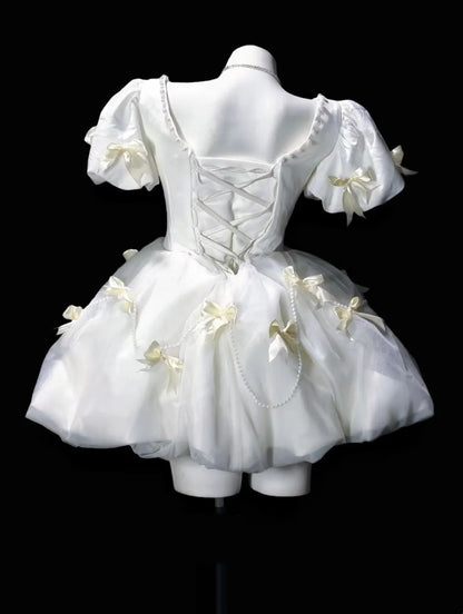 Sweet Ivory Puff Short Sleeve V-Neck Pearl Trim Bow A Line Short Homecoming Dress Birthday Dress AS3497