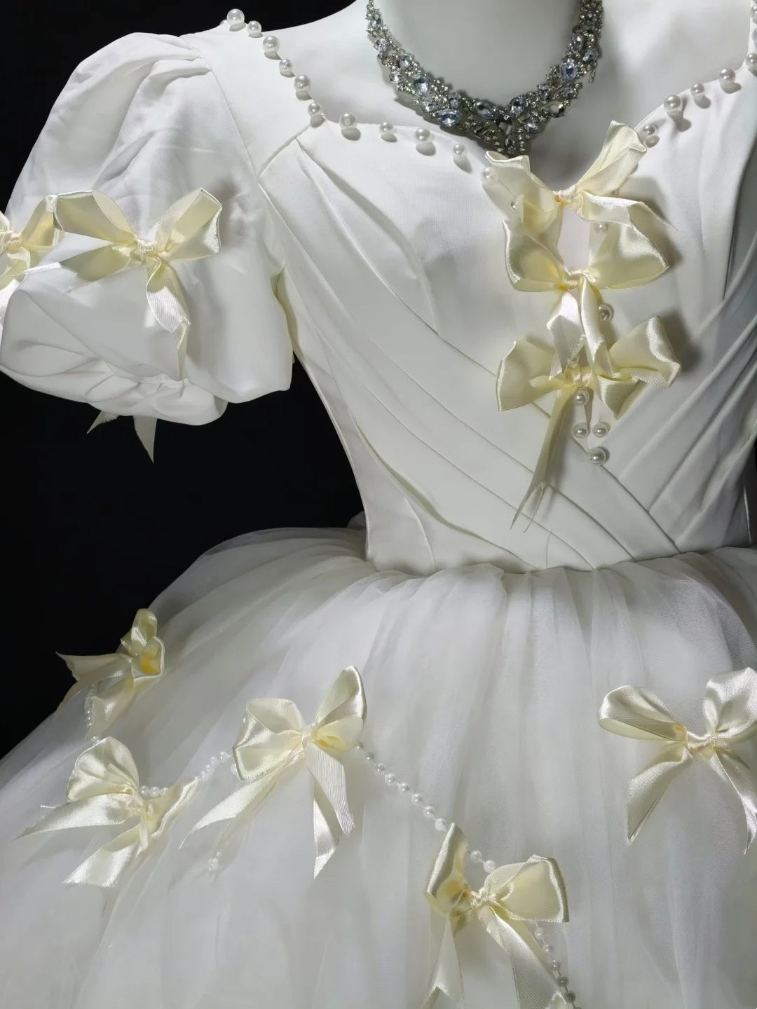 Sweet Ivory Puff Short Sleeve V-Neck Pearl Trim Bow A Line Short Homecoming Dress Birthday Dress AS3497