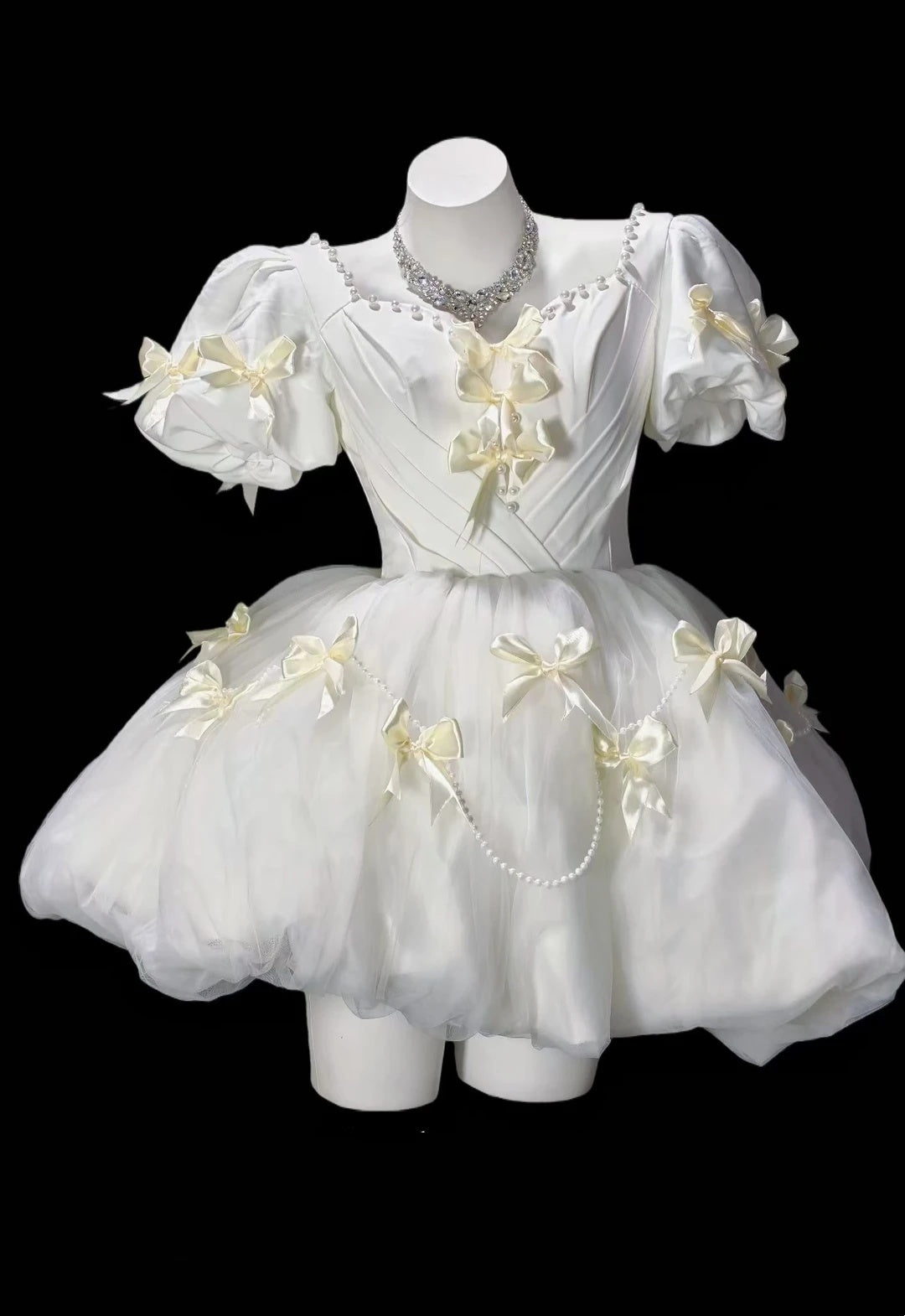 Sweet Ivory Puff Short Sleeve V-Neck Pearl Trim Bow A Line Short Homecoming Dress Birthday Dress AS3497