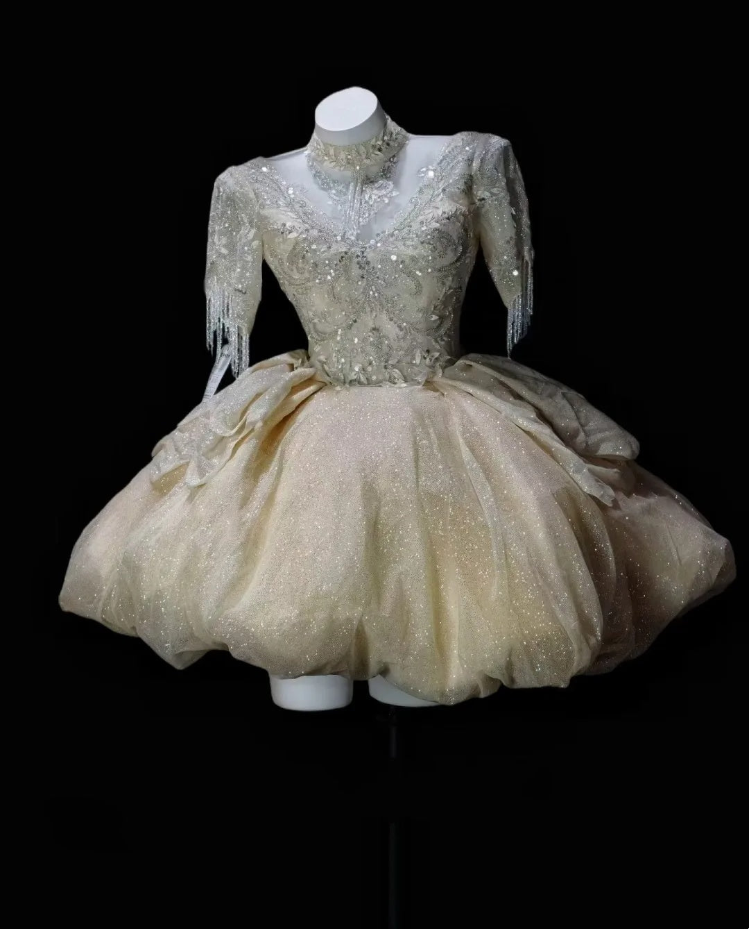 Luxury Champagne High Neck Beaded Fringe Bow Sequin A Line Short Homecoming Dress Birthday Dress AS3498