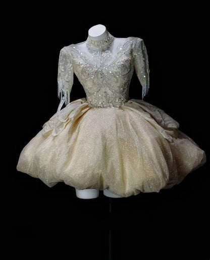 Luxury Champagne High Neck Beaded Fringe Bow Sequin A Line Short Homecoming Dress Birthday Dress AS3498