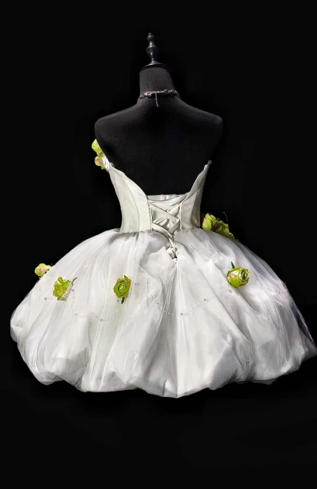 Fresh White Strapless Sweetheart 3D Green Floral Beaded A Line Short Homecoming Dress Birthday Dress AS3499