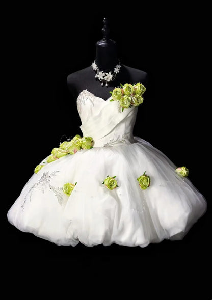 Fresh White Strapless Sweetheart 3D Green Floral Beaded A Line Short Homecoming Dress Birthday Dress AS3499