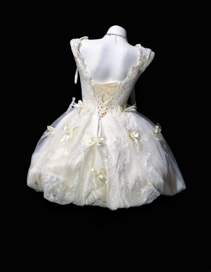 Luxury Ivory Sleeveless Lace Beaded Bow A Line Short Homecoming Dress Birthday Dress AS3501