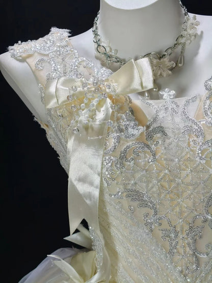 Luxury Ivory Sleeveless Lace Beaded Bow A Line Short Homecoming Dress Birthday Dress AS3501
