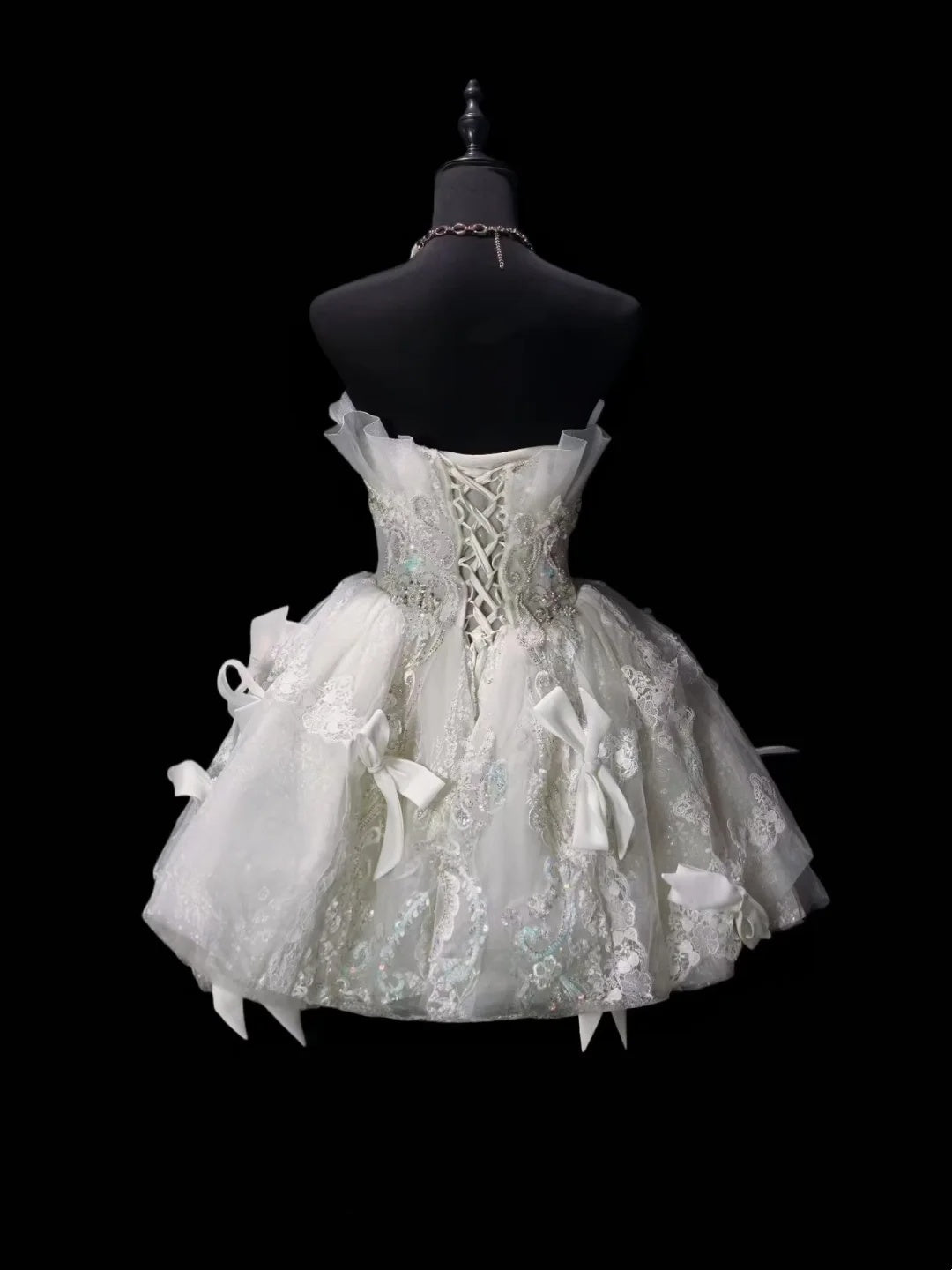Glam White Strapless Beaded Lace Bow A Line Short Homecoming Dress Birthday Dress AS3502
