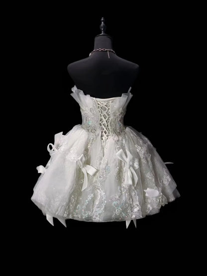 Glam White Strapless Beaded Lace Bow A Line Short Homecoming Dress Birthday Dress AS3502