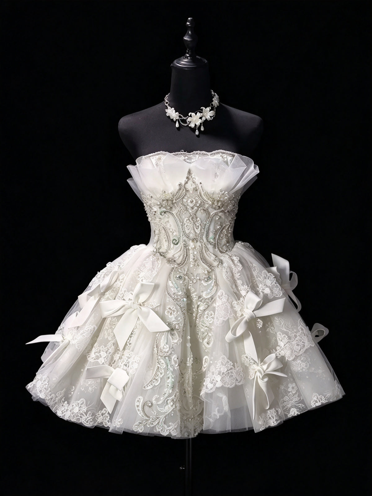 Glam White Strapless Beaded Lace Bow A Line Short Homecoming Dress Birthday Dress AS3502