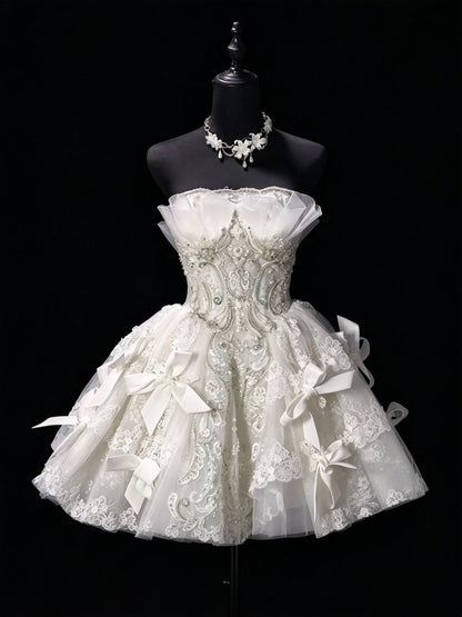Glam White Strapless Beaded Lace Bow A Line Short Homecoming Dress Birthday Dress AS3502