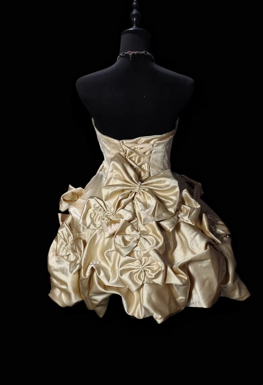 Chic Champagne Strapless Sweetheart Satin Big Bow Pearl Ruffled Puff A Line Short Homecoming Dress Birthday Dress AS3504