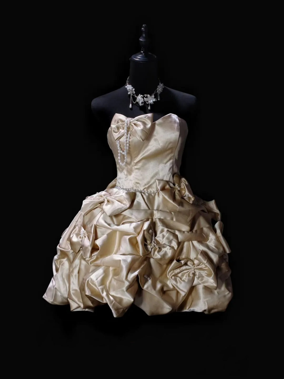 Chic Champagne Strapless Sweetheart Satin Big Bow Pearl Ruffled Puff A Line Short Homecoming Dress Birthday Dress AS3504