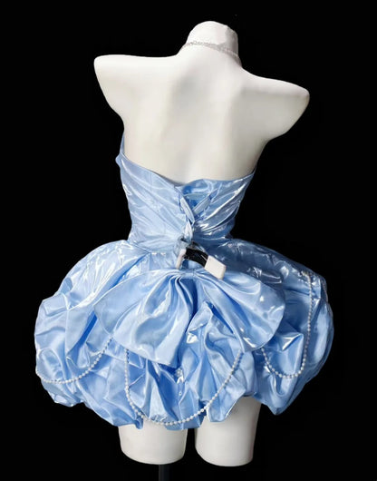 Sweet Blue Strapless Sweetheart Bow Pearl Chain Puff A Line Short Homecoming Dress Birthday Dress AS3506