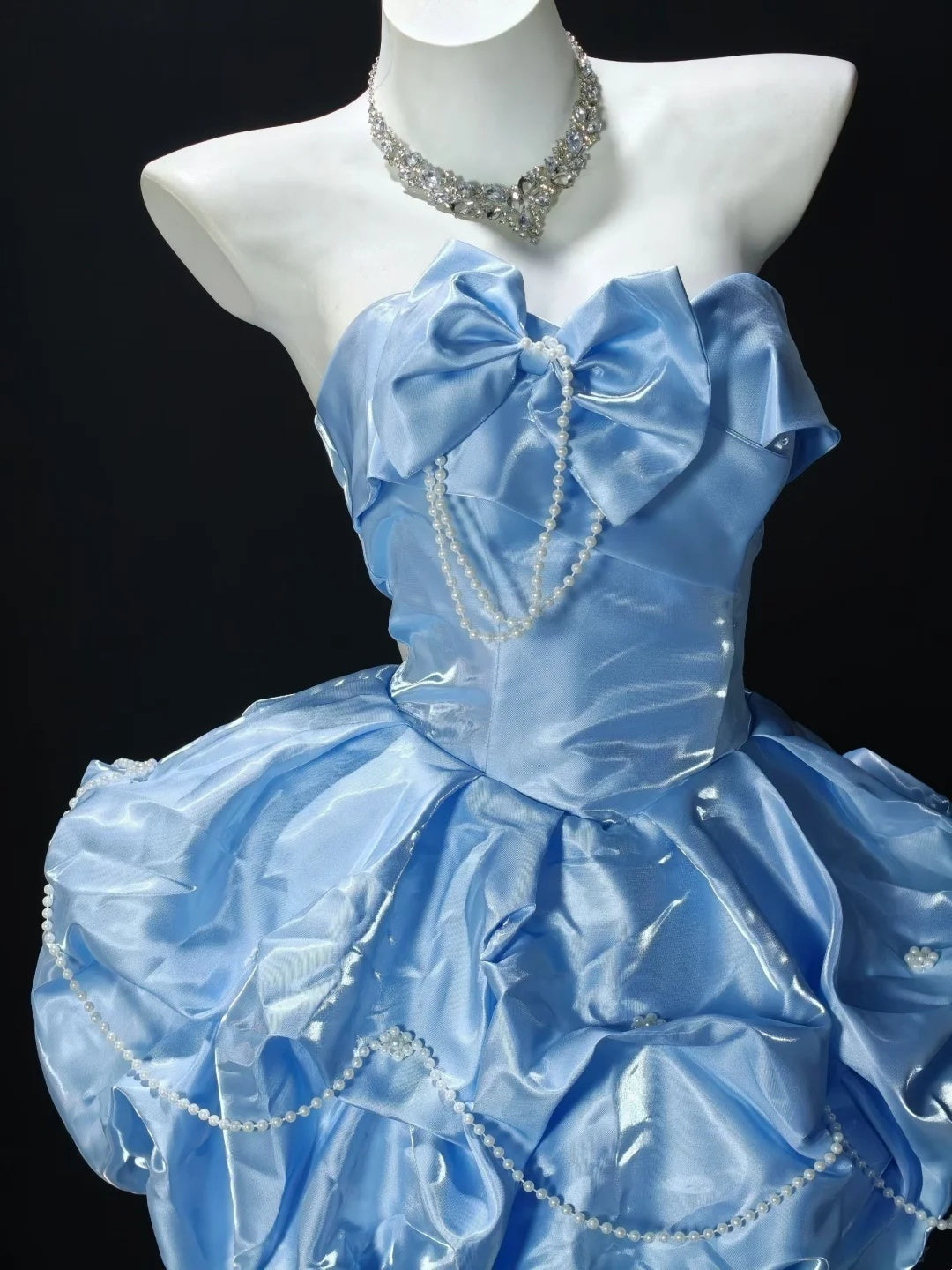 Sweet Blue Strapless Sweetheart Bow Pearl Chain Puff A Line Short Homecoming Dress Birthday Dress AS3506