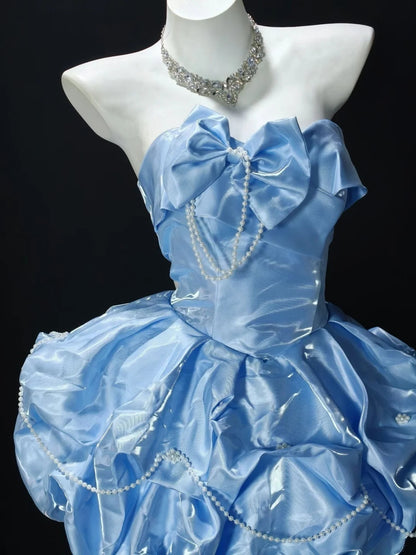 Sweet Blue Strapless Sweetheart Bow Pearl Chain Puff A Line Short Homecoming Dress Birthday Dress AS3506