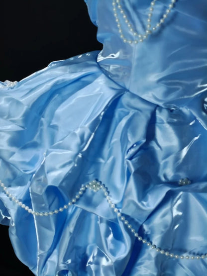 Sweet Blue Strapless Sweetheart Bow Pearl Chain Puff A Line Short Homecoming Dress Birthday Dress AS3506