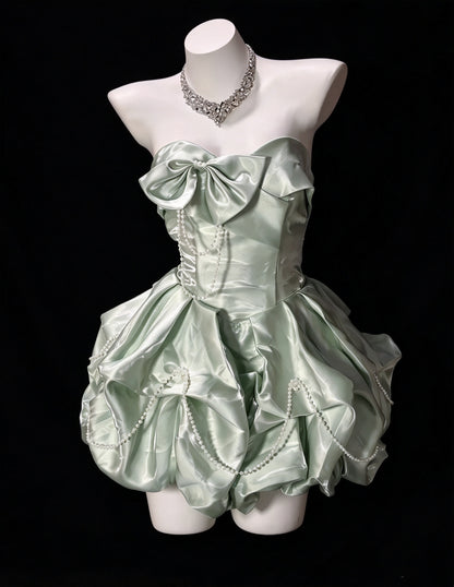 Sweet Blue Strapless Sweetheart Bow Pearl Chain Puff A Line Short Homecoming Dress Birthday Dress AS3506