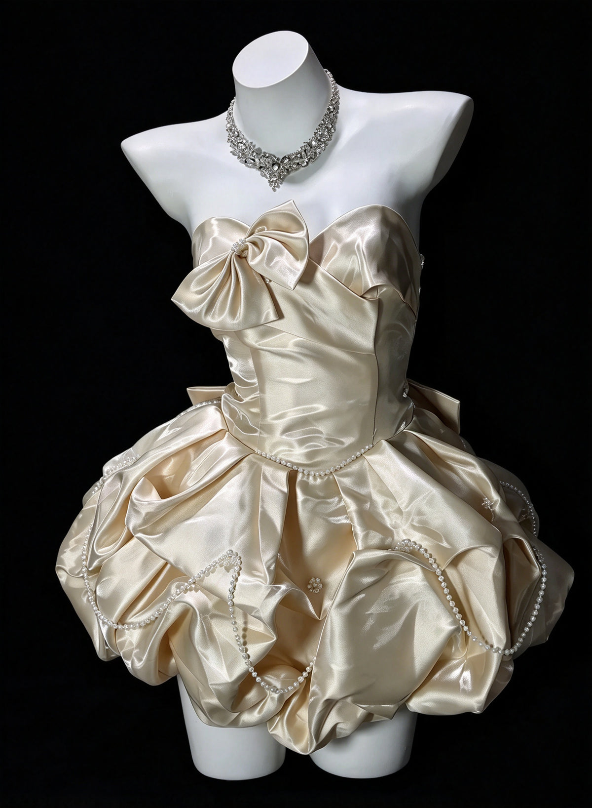 Sweet Blue Strapless Sweetheart Bow Pearl Chain Puff A Line Short Homecoming Dress Birthday Dress AS3506