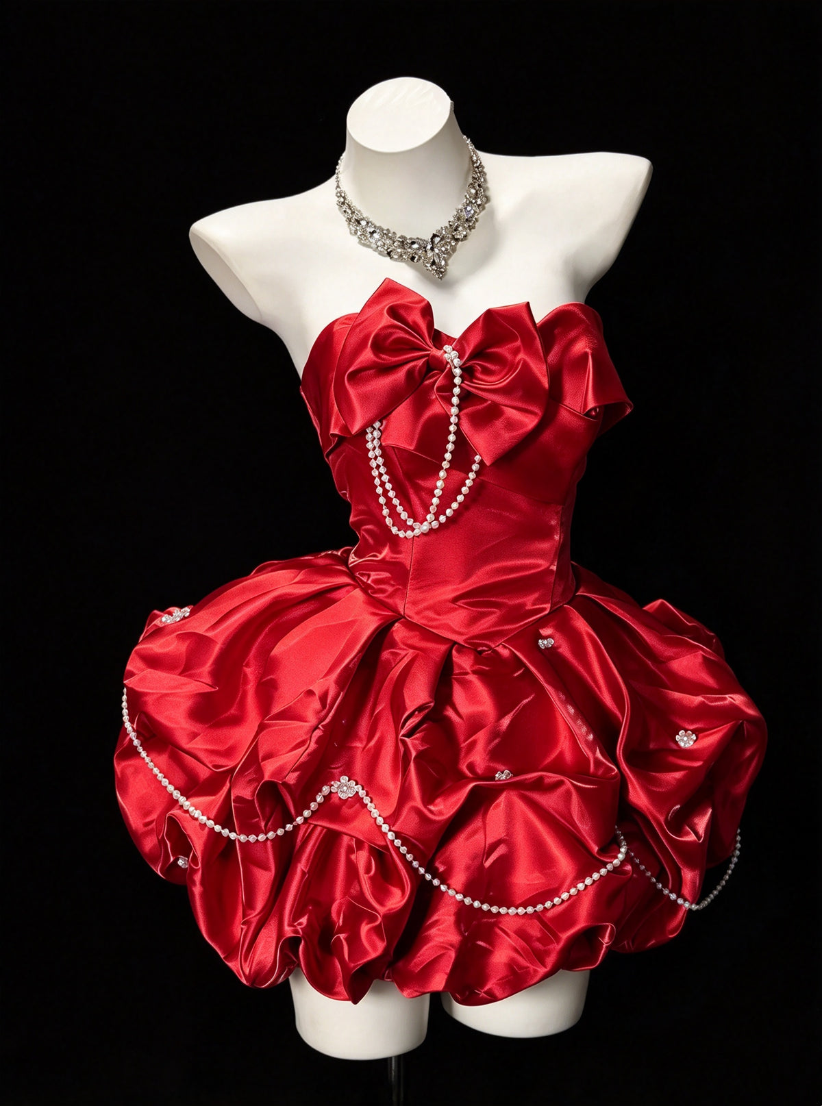 Sweet Blue Strapless Sweetheart Bow Pearl Chain Puff A Line Short Homecoming Dress Birthday Dress AS3506