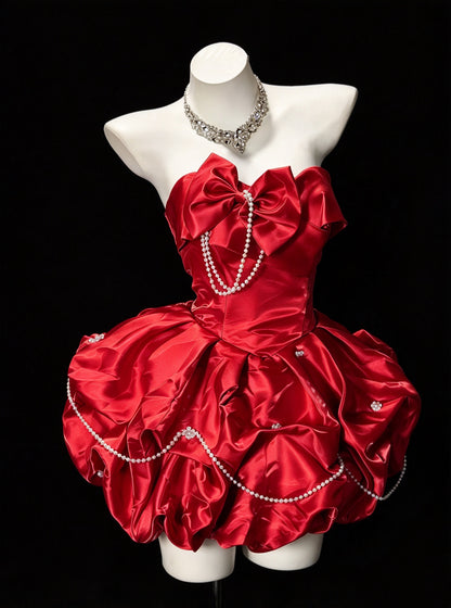 Sweet Blue Strapless Sweetheart Bow Pearl Chain Puff A Line Short Homecoming Dress Birthday Dress AS3506