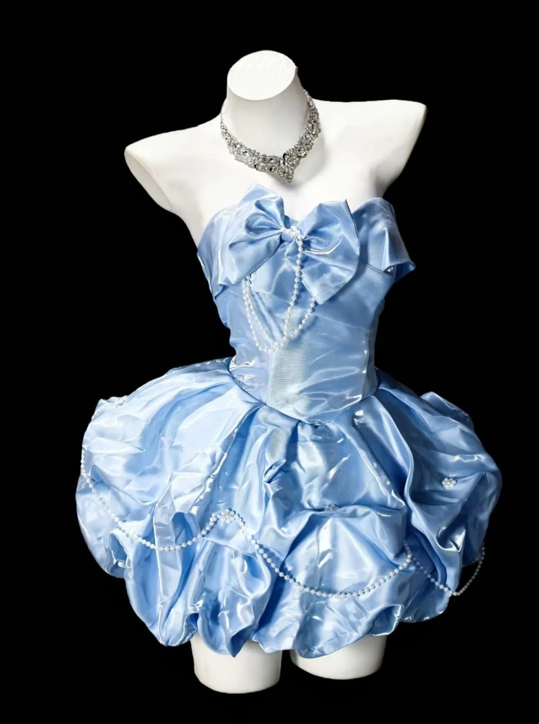 Sweet Blue Strapless Sweetheart Bow Pearl Chain Puff A Line Short Homecoming Dress Birthday Dress AS3506
