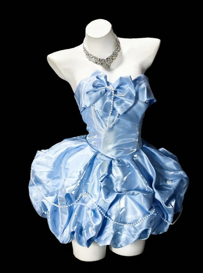 Sweet Blue Strapless Sweetheart Bow Pearl Chain Puff A Line Short Homecoming Dress Birthday Dress AS3506