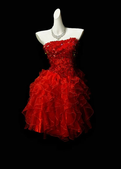 Bold Red Strapless Sequin Beaded A Line Short Homecoming Dress Birthday Dress AS3507