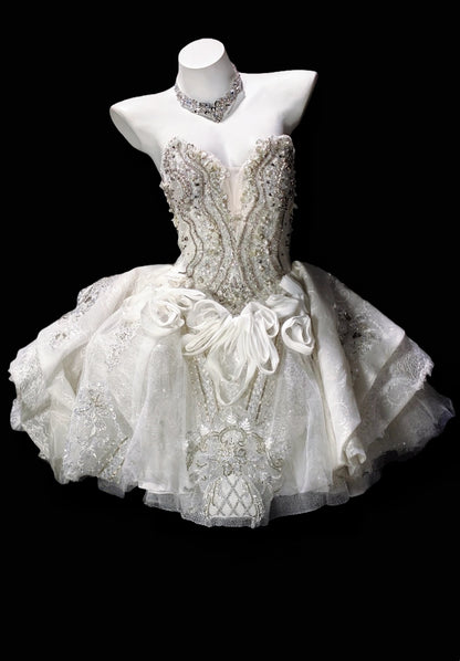Luxury White Strapless Sweetheart Heavy Beaded Ruffled Glitter Tulle A Line Short Homecoming Dress Birthday Dress AS3510