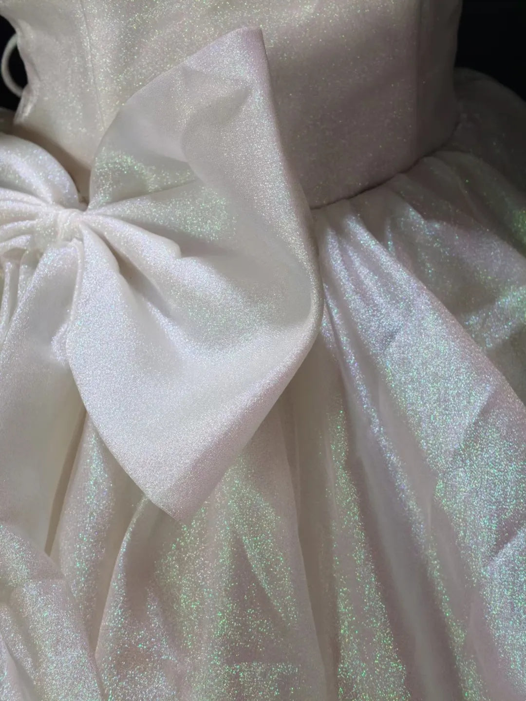 Dreamy White V-Neck Puff Short Sleeve Iridescent Glitter Tulle Bow A Line Short Homecoming Dress Birthday Dress AS3512