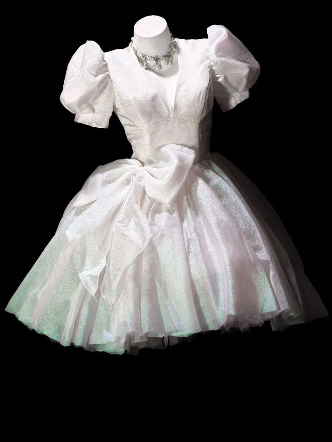 Dreamy White V-Neck Puff Short Sleeve Iridescent Glitter Tulle Bow A Line Short Homecoming Dress Birthday Dress AS3512