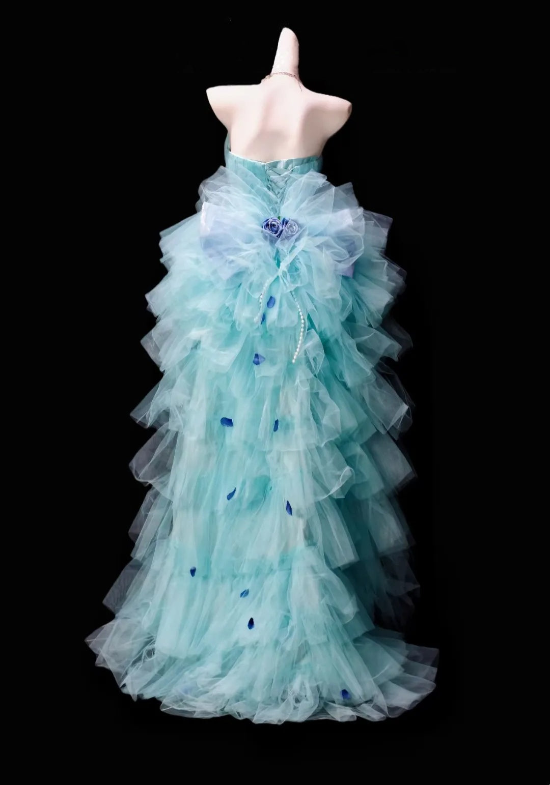 Dreamy Aqua Strapless 3D Floral Bow Tulle Train A Line Short Homecoming Dress Birthday Dress AS3514