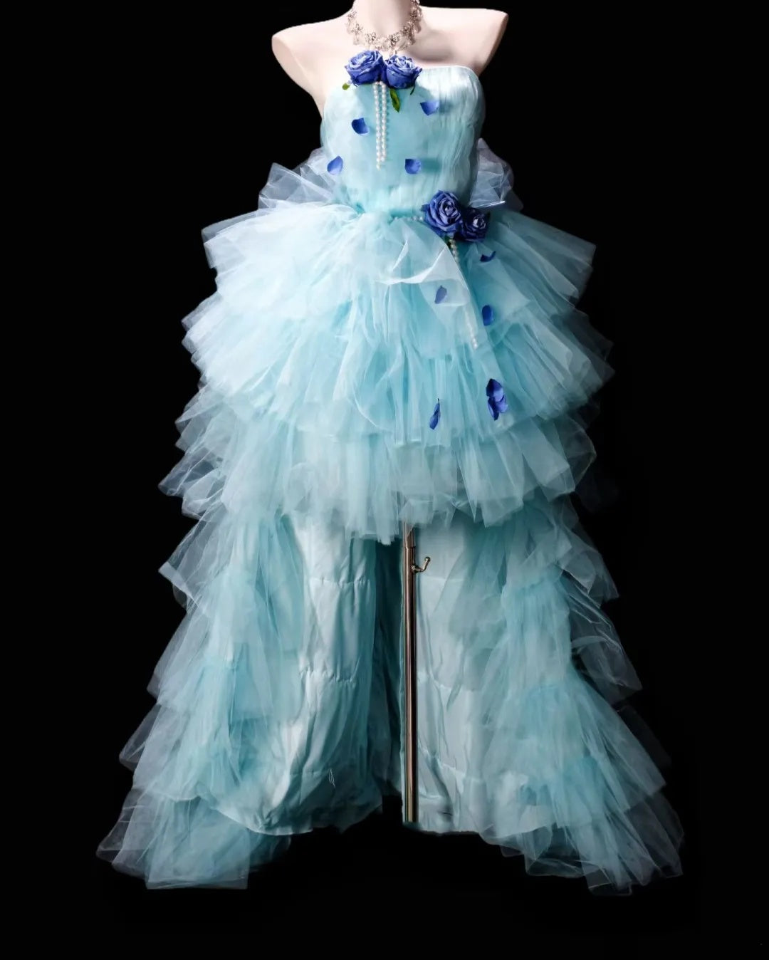 Dreamy Aqua Strapless 3D Floral Bow Tulle Train A Line Short Homecoming Dress Birthday Dress AS3514