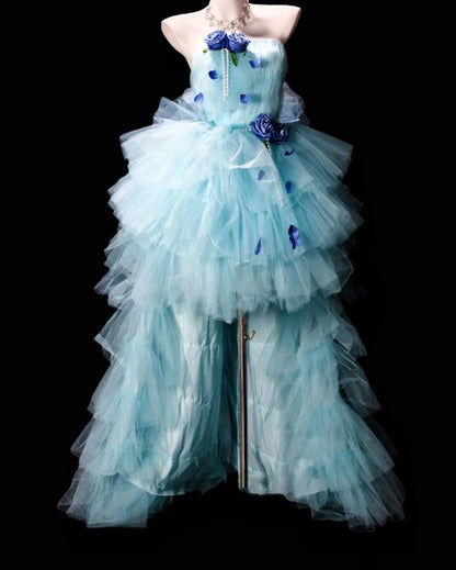 Dreamy Aqua Strapless 3D Floral Bow Tulle Train A Line Short Homecoming Dress Birthday Dress AS3514