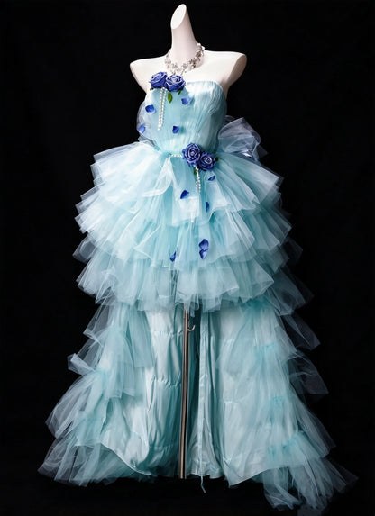 Dreamy Aqua Strapless 3D Floral Bow Tulle Train A Line Short Homecoming Dress Birthday Dress AS3514