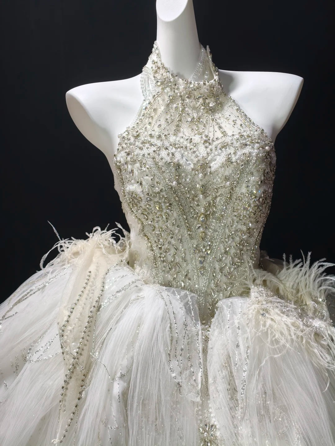 Luxury Ivory Halter Rhinestone Beaded Feather Tulle Bow Train A Line Short Homecoming Dress Birthday Dress AS3515