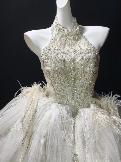 Luxury Ivory Halter Rhinestone Beaded Feather Tulle Bow Train A Line Short Homecoming Dress Birthday Dress AS3515