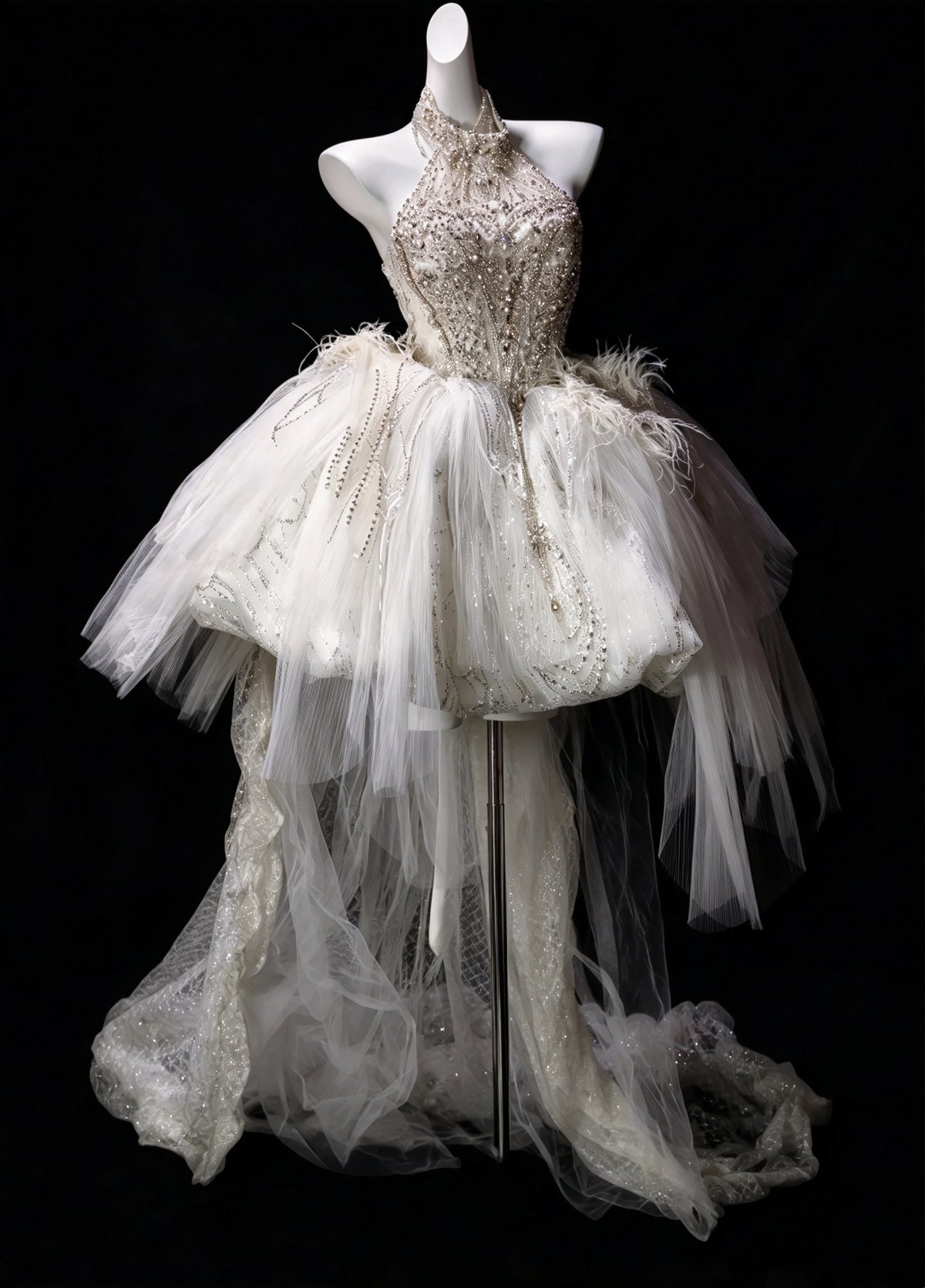 Luxury Ivory Halter Rhinestone Beaded Feather Tulle Bow Train A Line Short Homecoming Dress Birthday Dress AS3515