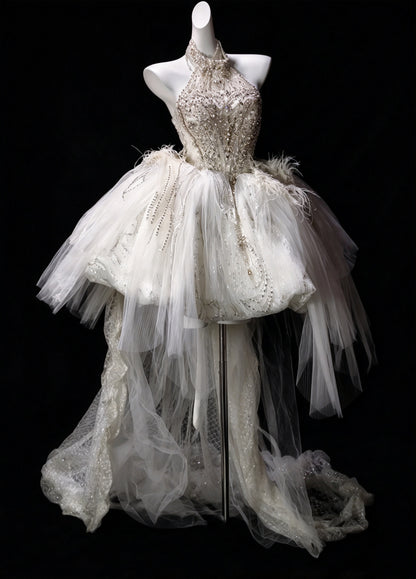 Luxury Ivory Halter Rhinestone Beaded Feather Tulle Bow Train A Line Short Homecoming Dress Birthday Dress AS3515