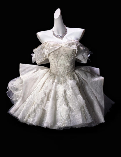 Glam White Off Shoulder Beaded Lace 3D Floral A Line Short Homecoming Dress Birthday Dress AS3518