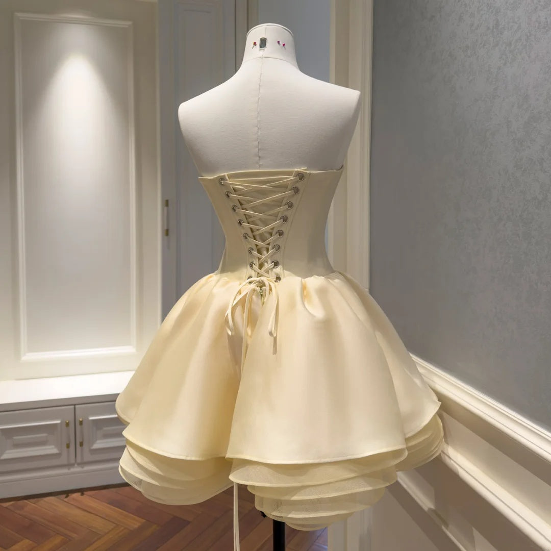 Sweet Cream Strapless Beaded Bow A Line Short Homecoming Dress Birthday Dress AS3519