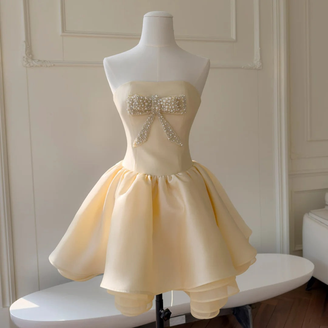 Sweet Cream Strapless Beaded Bow A Line Short Homecoming Dress Birthday Dress AS3519
