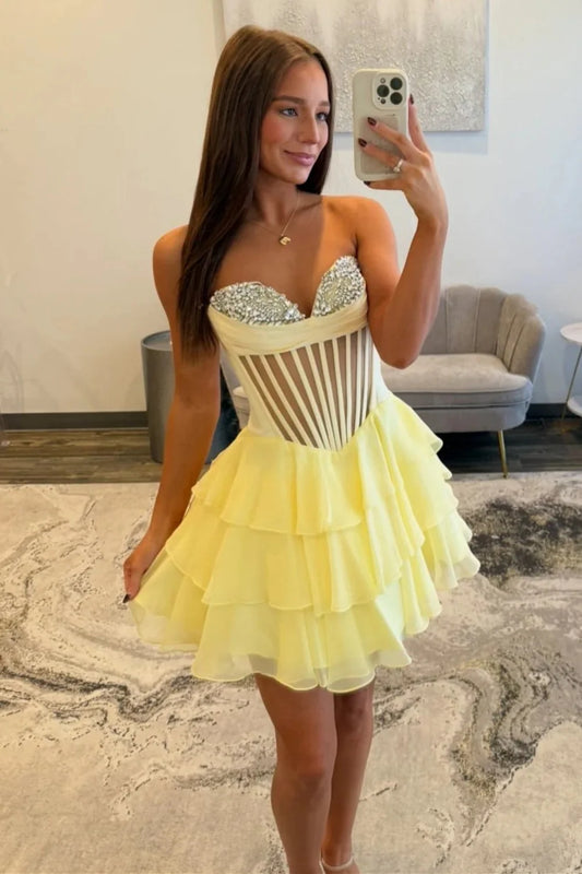 Chic Yellow Corset Bodice Ruffled Tulle Homecoming Dress With Sparkling Details AS352